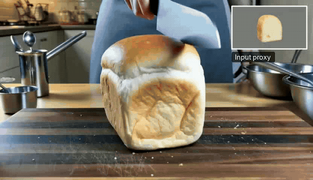 ProxyUp bread slicing, curtain opening, falling books, and Newton's cradle, each with a synchronized input proxy in the upper-right corner